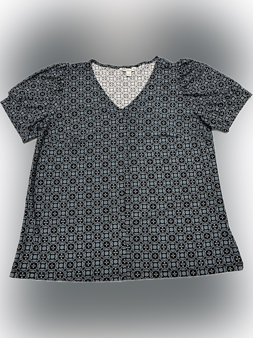 Cato Black and Light Blue Geometric V-Neck Short Sleeve Top